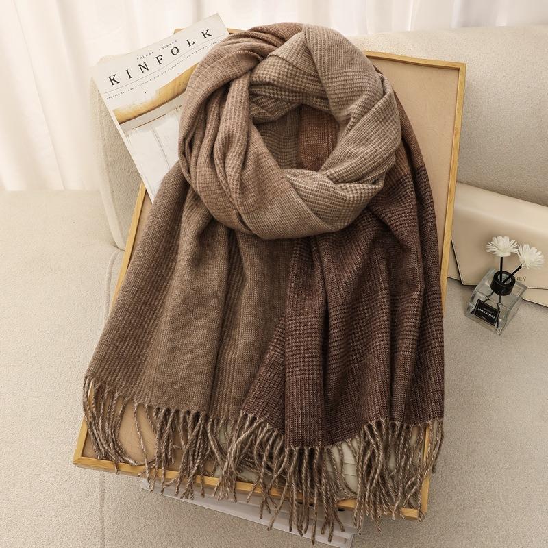 Autumn and winter new pure wool plaid scarf women's versatile high-end fringed shawl thickened warm scarf