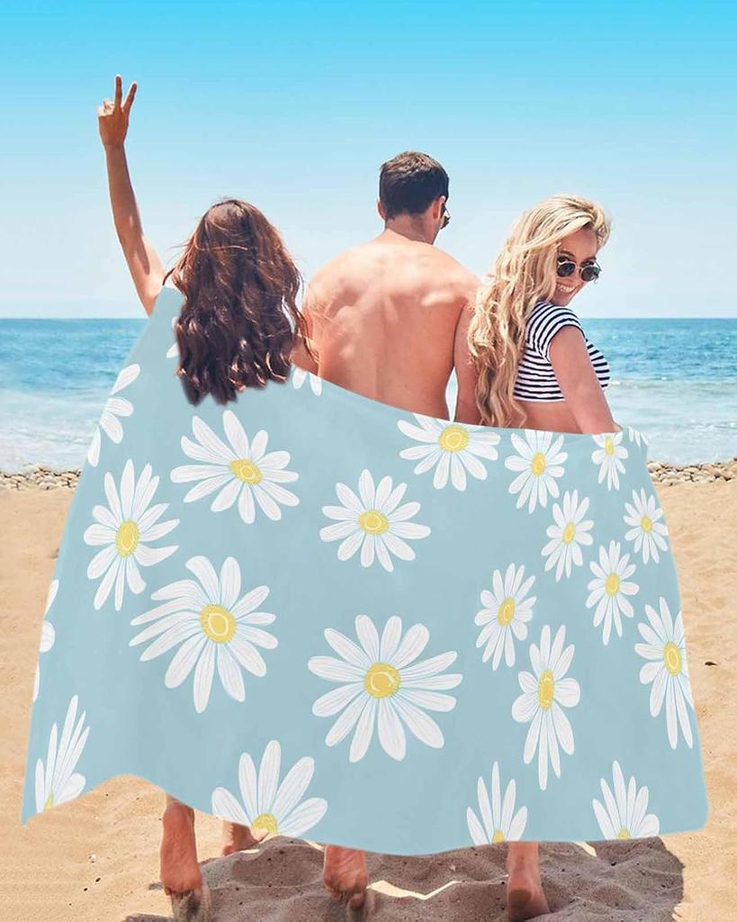 Beach Towels Cartoon Daisy Flowers Pool Towels Light Blue Bath Towels Sand Free Beach Blanket Quick-Dry Lightweight Travel Towel
