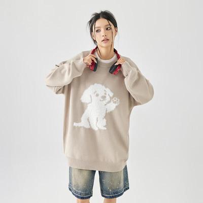 GOLFCROSS Couple's Mink Fleece Dog Jacquard Drop-Shoulder Pullover Sweater
