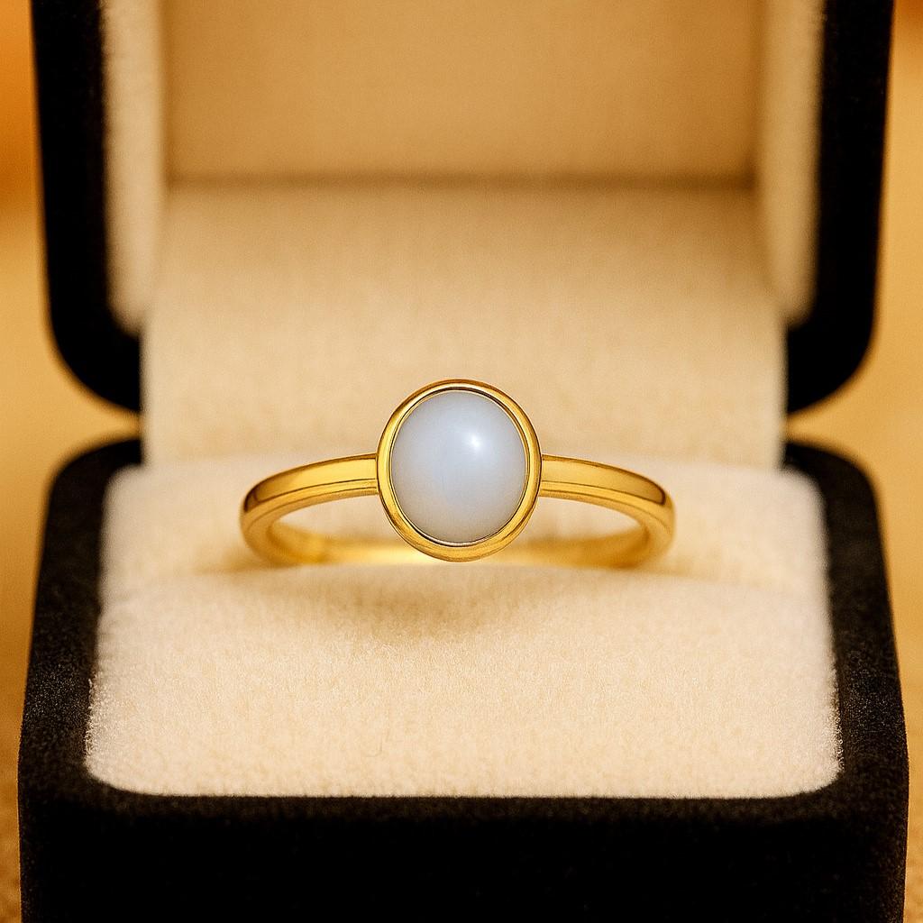 Oval Cut Moonstone Solitaire Ring – Yellow Gold Plated Bezel Setting, Engagement Wedding Jewelry Gift for Women