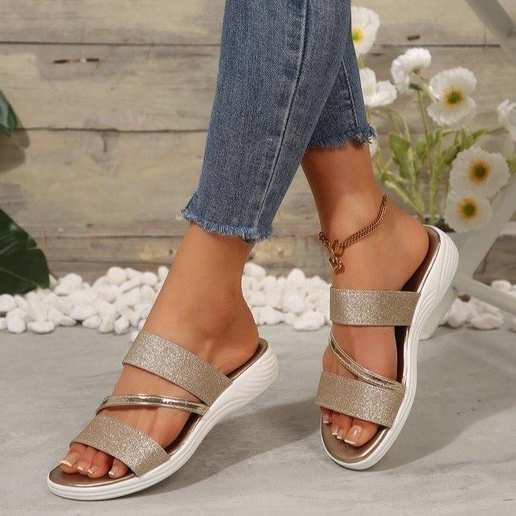 Fashion Causal Summer Women Wedge Sandals Open Toe Flip Flops Custom Glitter Ladies Casual Shoes Outdoor Beach Slippers Ladies Sandals
