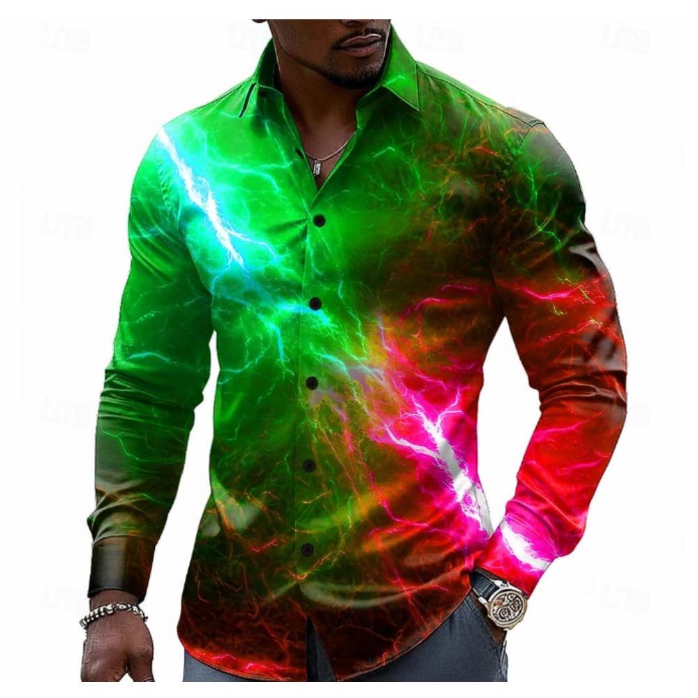 Camisas de manga larga con estampado de relámpagos para hombre, cárdigan informal, nuevas camisas de moda con botones para las fiestas