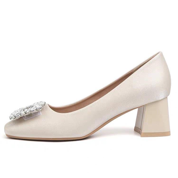 French square head rhinestone spring new square buckle high heels new temperament soft sole single shoes
