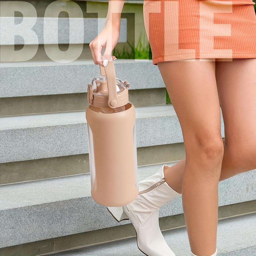 64oz Skleněné láhve na vodu se slámkou a víčkem Půlgalonová láhev na vodu s časovým značením Nepropustné skleněné láhve na vodu se silikonovým pouzdrem