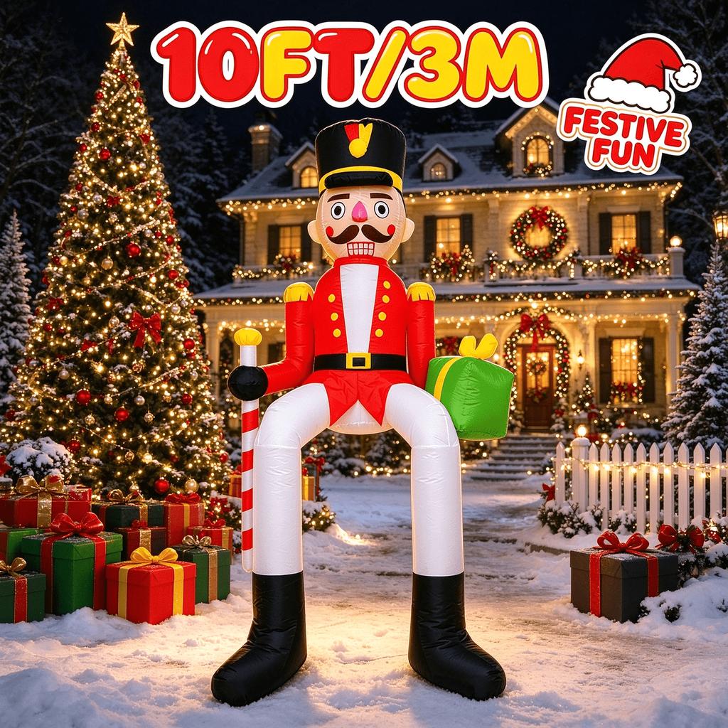10FT Giant Christmas Inflatable Nutcracker Soldier Sitting on Bench, LED Blow Up Decor, Outdoor Yard Lawn Xmas Party Decoration