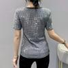 Women S-3XL Size Round Neck Rhinestone Shiny Base Shirt Temperament Fashion Short Sleeved Slim Pullovers Top