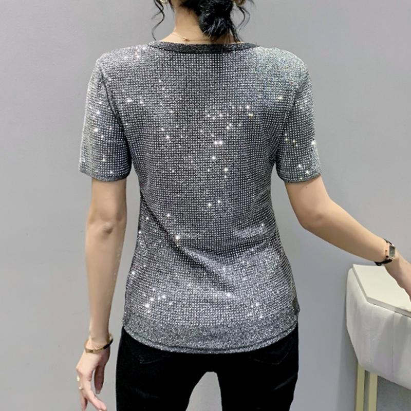 Women S-3XL Size Round Neck Rhinestone Shiny Base Shirt Temperament Fashion Short Sleeved Slim Pullovers Top