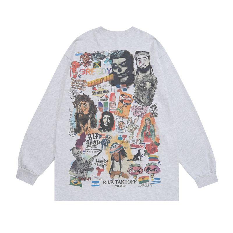 American Street Oversize Graffiti Long-Sleeved Bottom T-Shirt Men'S And Women'S Vibe Hip-Hop Trendy Long Tee Shirt