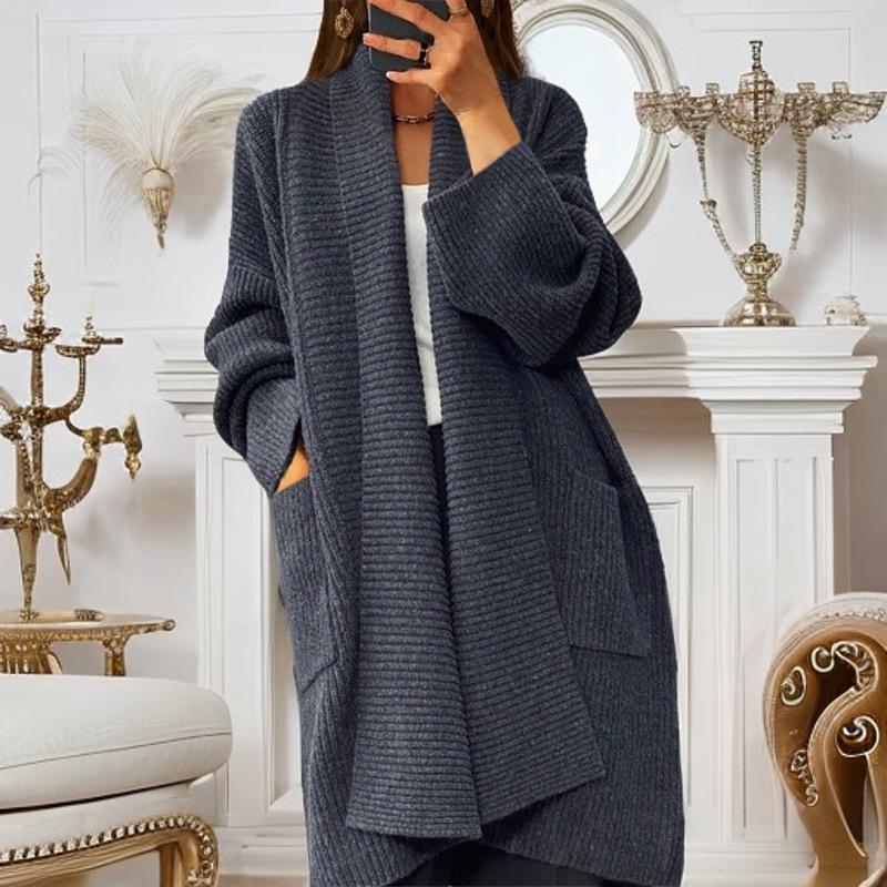 2024 Autumn/Winter Women's Thickened Mid-Length Knitted Cardigan with Pockets