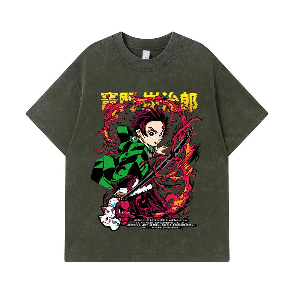 

275 GSM Washed T-shirts 100% Cotton Demon Slayer V19 Tanjiro Print Unisex Heavy Cotton T Shirt S армия зеленый