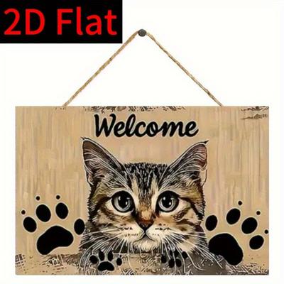 1pc 2D Flat Wooden Sign 30*20cm Rustic Wooden Welcome Sign with Cat Face Design Flat Hanging Plaque, Charming Home Decor for Indoor & Outdoor Spaces