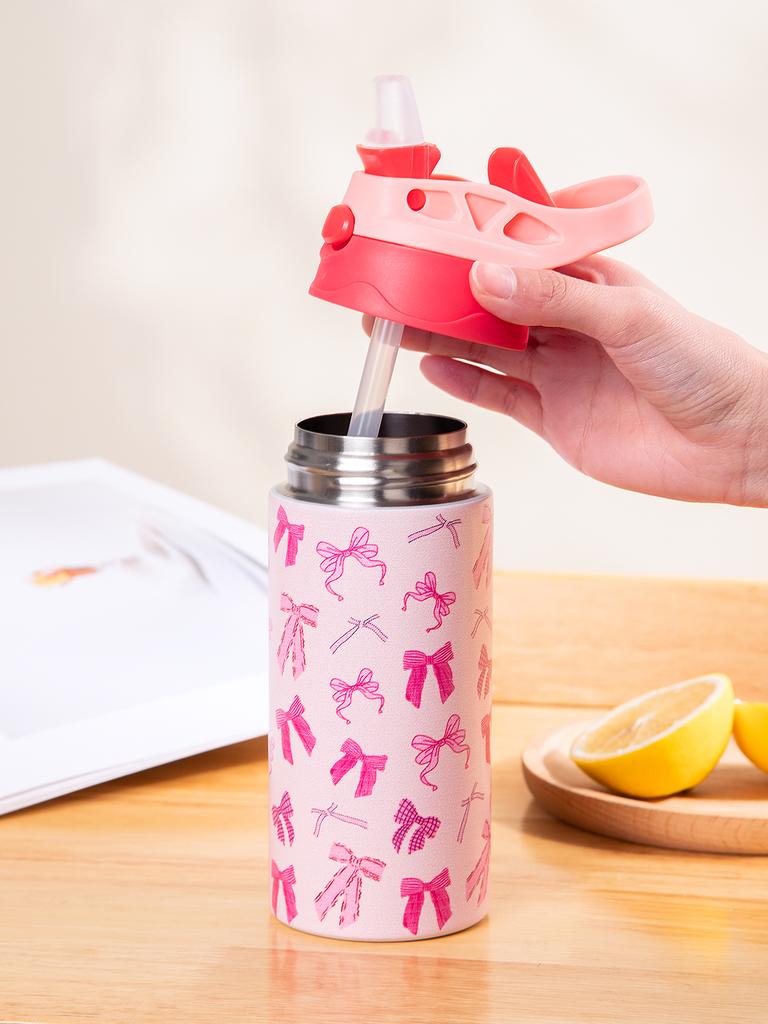 350ml Adult Kids Stainless Steel Straw Thermos Mug With Case Cartoon Bow Leak-Proof Vacuum Flask Thermal Water Bottle Thermocup