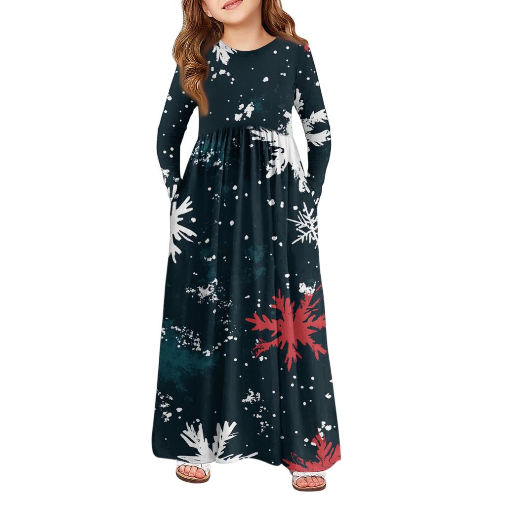 Girls' Maxi Dress - Long Sleeve Pocket Dress Christmas Day