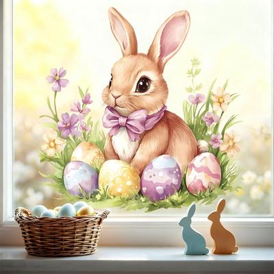 Easter Bunny And Flower Stickers Removable Waterproof Pvc Decals For Living Room Balcony Window Decor Easter Party Decoration