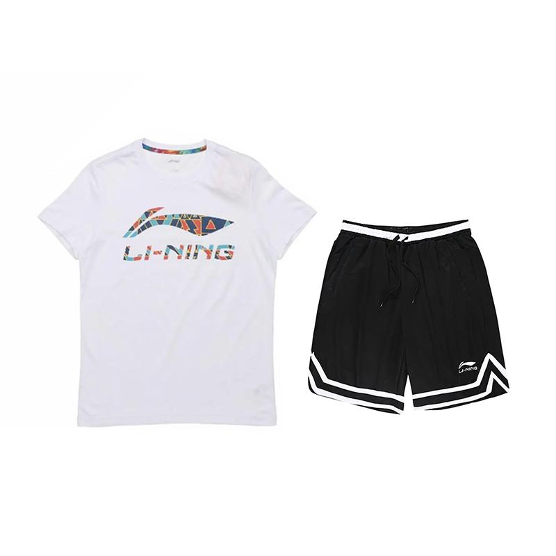 Li Ning Logo Printed Letter Round Neck Short Sleeve Casual Sports Suit Unisex suit White Black AHSUA19-1+YAPV001-1