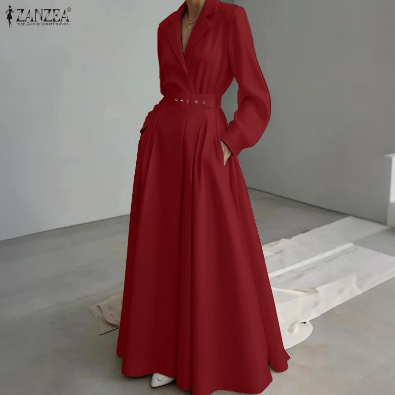ZANZEA Women Turn Down Collar Long Sleeve Casual Spring Autumn Long Dress