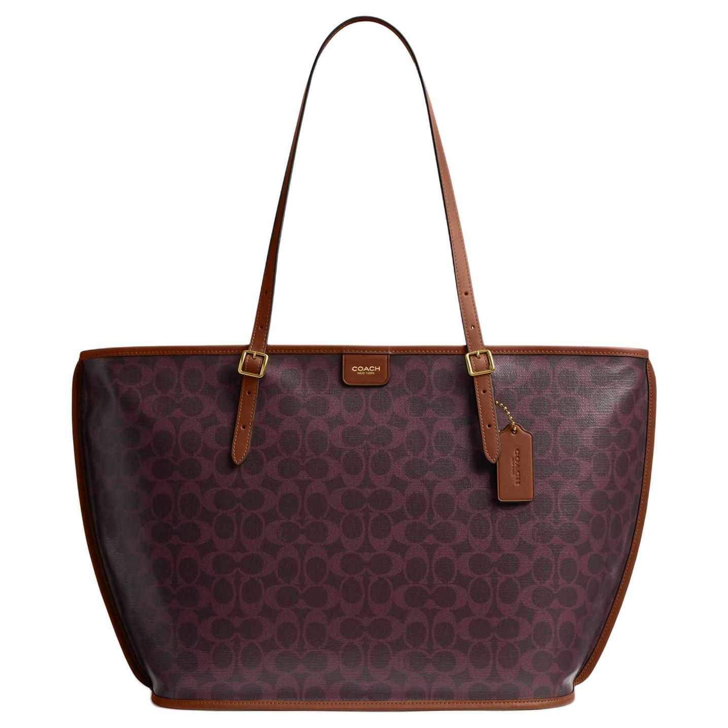 

Coach Burgundy Signature Canvas Large Tote Bag With Brown Leather Trim & Gold Hardware For Daily Work & Travel Basic Set (Bag+Dust Bag)