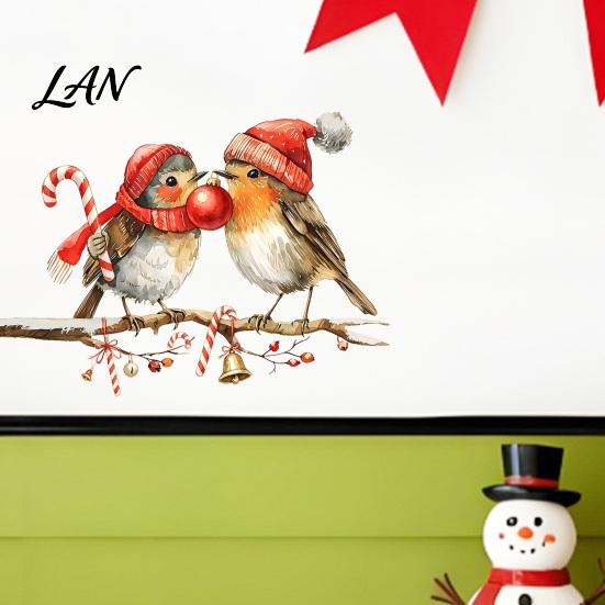 Festive Watercolor Art Decor Christmas Birds On Tree Branch Wall Sticker, Cute Bird Decal DIY Holiday Room with Ball, Candy Cane, Bell for Bedroom,