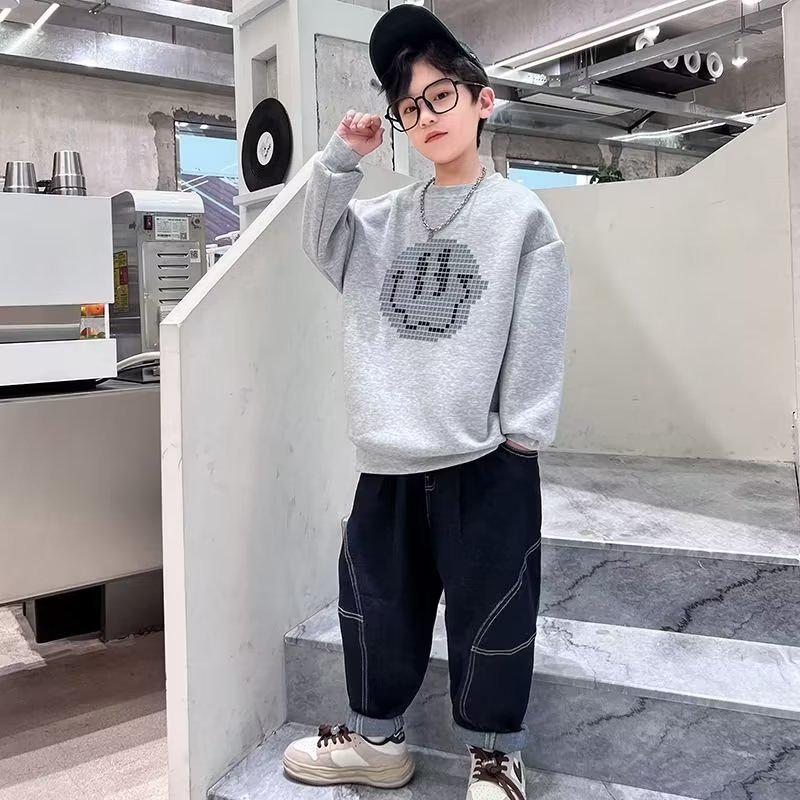 2024 Boys' Smiley Print Long Sleeve Sweatshirt - Spring/Autumn Style for Big & Middle Kids