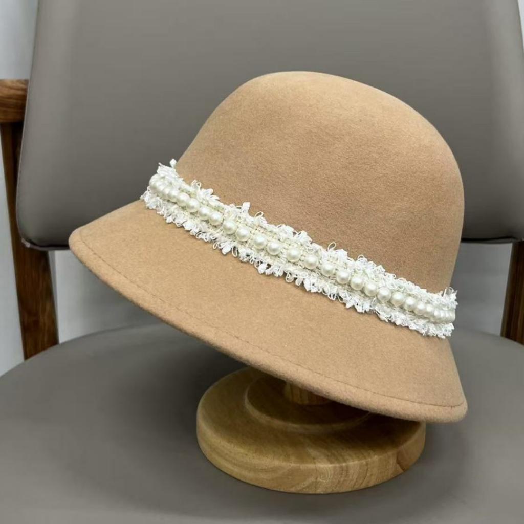 Elegant fashion celebrity style pearl wool bucket hat women autumn and winter British top hat travel temperament basin hat