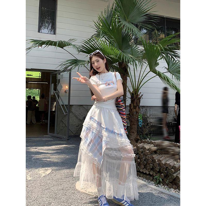 Kumikumi Sweet Style Set Waist Hugging Slimming Short sleeve T-shirt Women Summer High Waist All-Match Skirt Two-piece Set