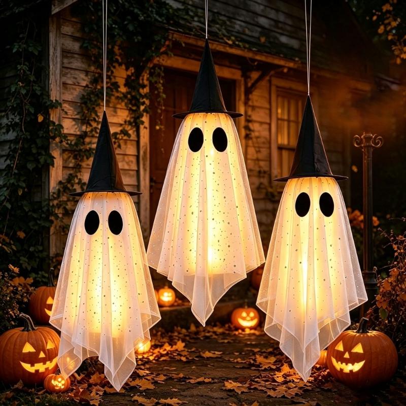 Hanging Spirit Figure Set for Halloween, 3 Fabric Draped Seasonal Accents for Living Room Porch Doorway and Themed Party Display Use