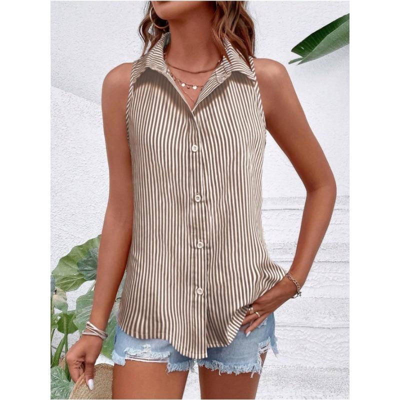 Camisa de Mujer de Verano sin Mangas Holgada a Rayas Elegante Blusa de Oficina Moda Casual Sencilla Dulces Tops Cuello Solapa Ajustado Ropa Streetwear