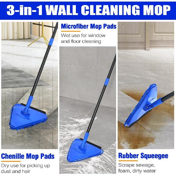 Wall Mop Cleaner Long Handle 80 Inches, 180° Folding Ceiling Washer Scrubber and Squeegee, Triangle Baseboard Cleaning Tool Duster with 6 Microfiber