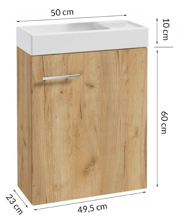 Bathroom cabinet with washbasin 50x70cm, hanging, oak craft Small