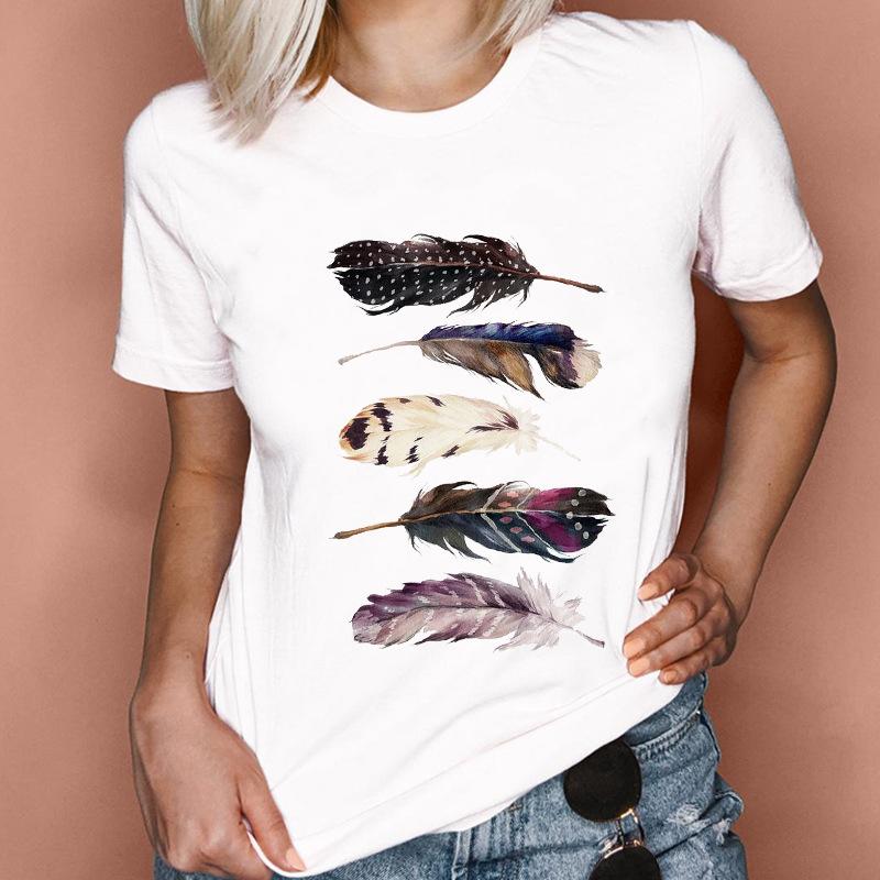 Fashion Feather Graphics Women T-Shirts Summer 90S Blouse Short Sleeve Tees O-Neck Female Tops Streetwear Y2K Clothing