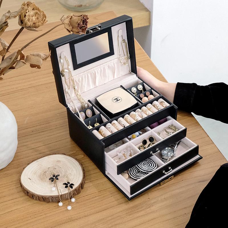 Cutie de bijuterii din piele de lux cu depozitare pe trei straturi pentru inele, cercei și coliere