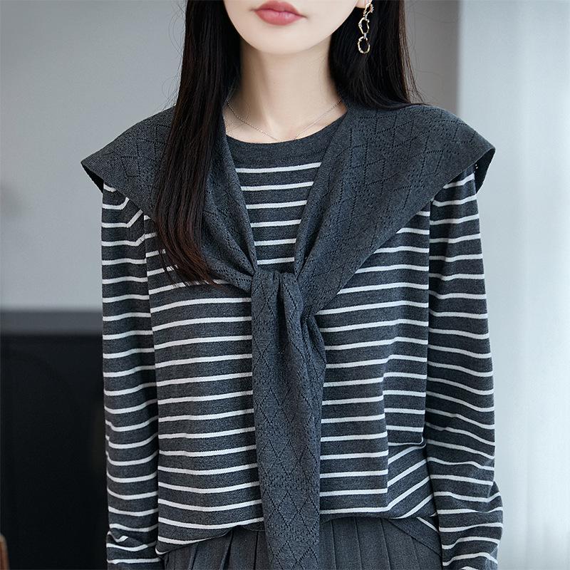 2025 Early Autumn Loose Striped Long Sleeve Wool Knitwear: Stylish Versatile Shawl