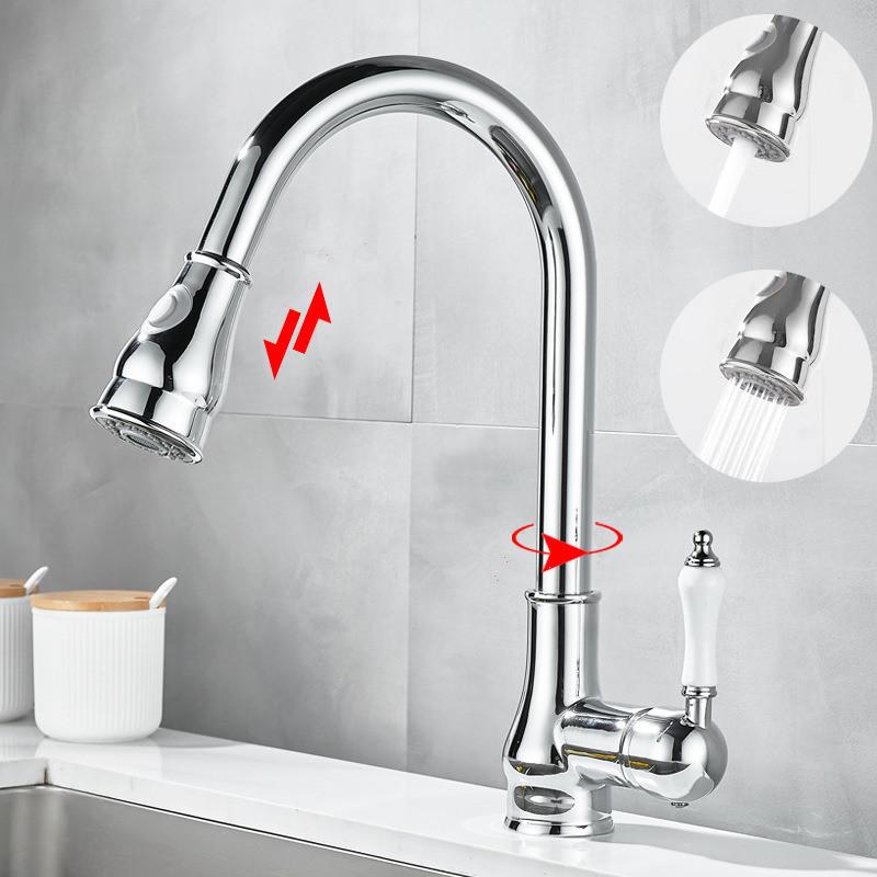 Złote Wysuwane Baterie Kuchenne Chrom Jednouchwytowa Mosiężna Bateria Kuchenna Bateria Zlewozmywakowa Jednootworowa Obrotowa Bateria Mieszająca Wodę Bateria Mieszająca