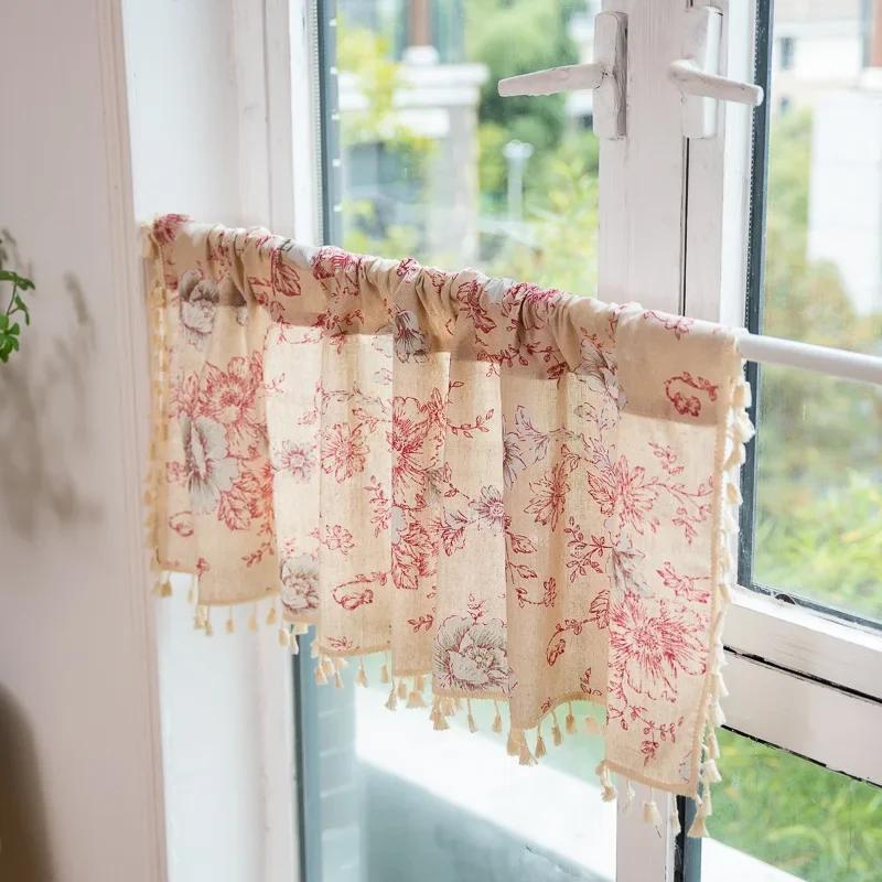 American European Vintage peony floral curtains For living room bedroom window linen curtain short Cabinet Curtain for Kitchen