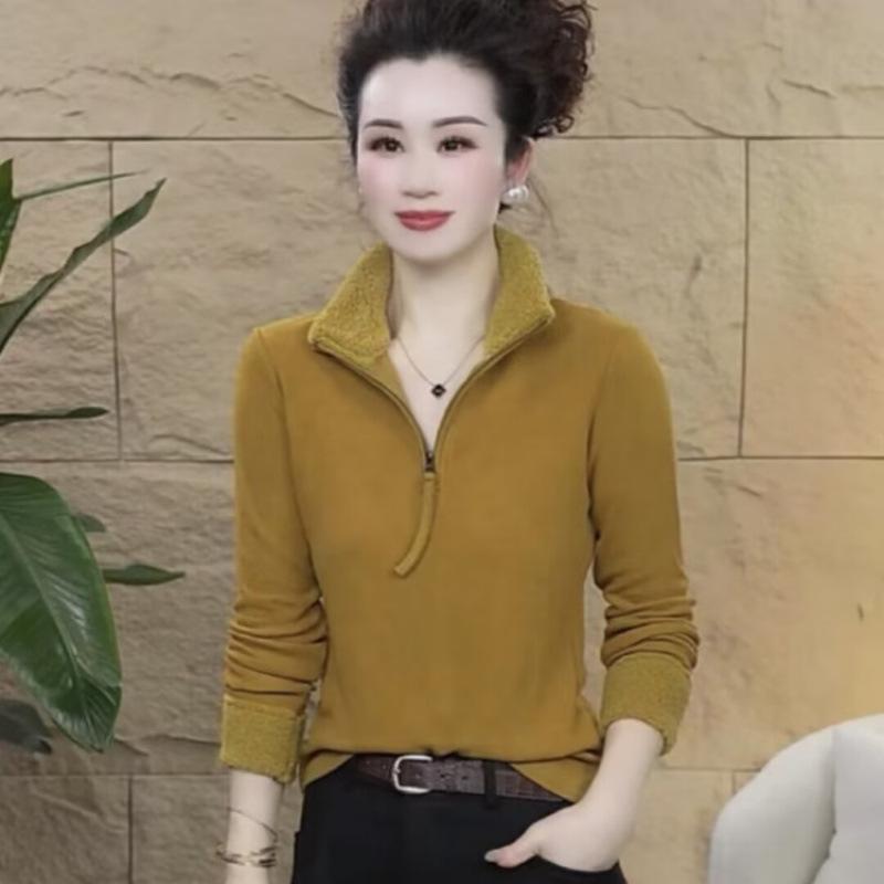 Winter Velvet Long Sleeve Zipper Top - Versatile and Warm for Middle-Aged Women