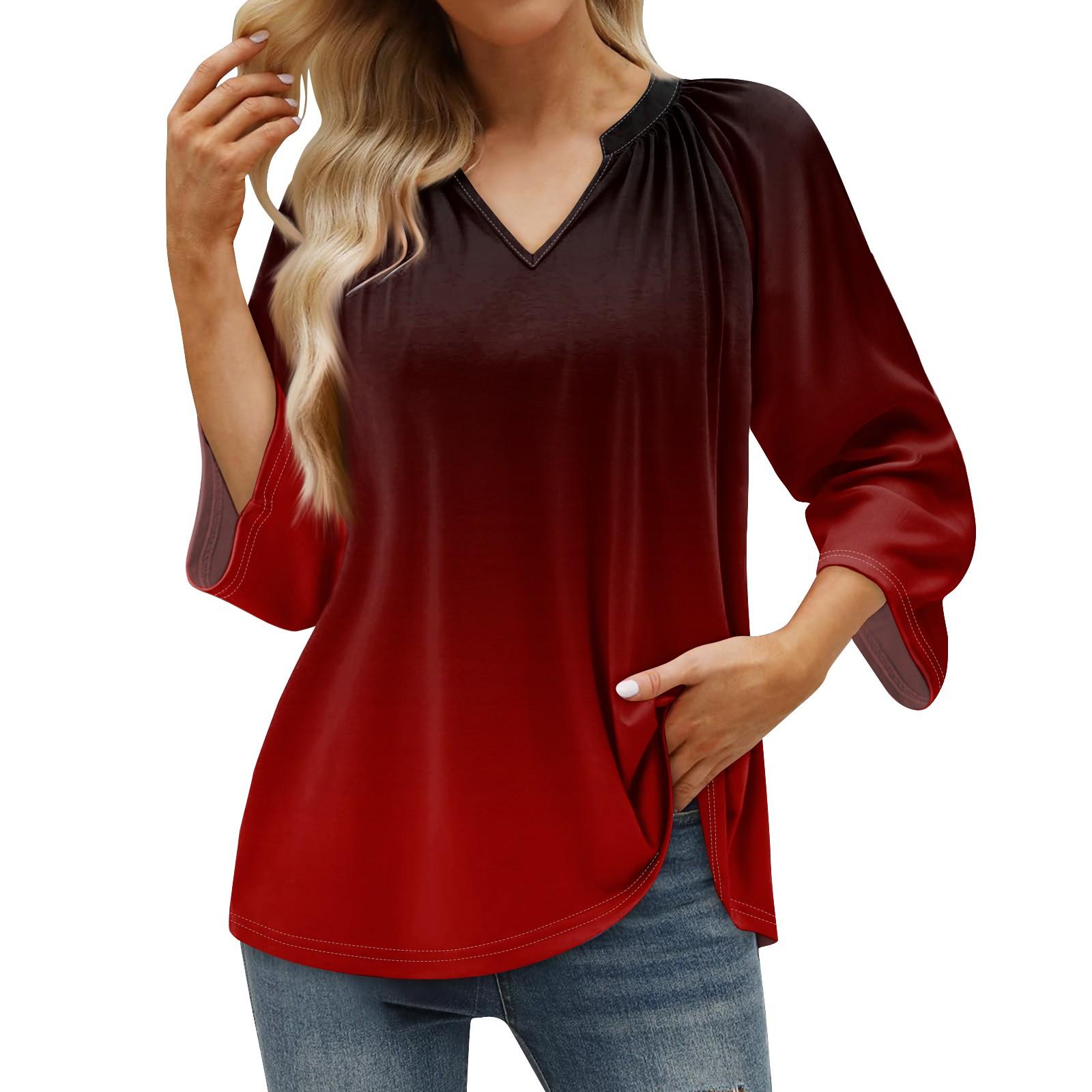 

Женская летняя повседневная футболка с рукавом 3/4 и пуловером с V-образным вырезом и принтом XL винный