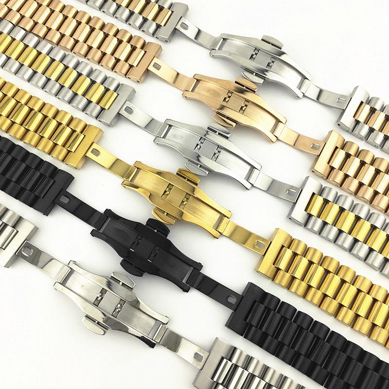 Benutzerdefiniertes Logo Drei Perlen Edelstahl Uhrenarmband Gebogene Schnalle Zubehör Stahlarmband mit Faltschließe und Schnellverschluss