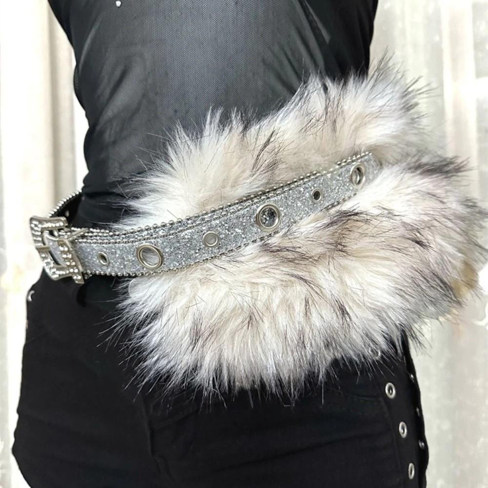 Rhinestone Leather Fur Belt Spicy Girl Style Y2K Plush Waist Belt Furry Waistband Dress Decoration