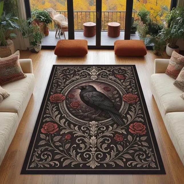Gothic Raven Rug, Dark Floral Bird Carpet, Witchcore Crow Decor, Occult Animal  Rug, Mystical Rose Art for Moody Rooms