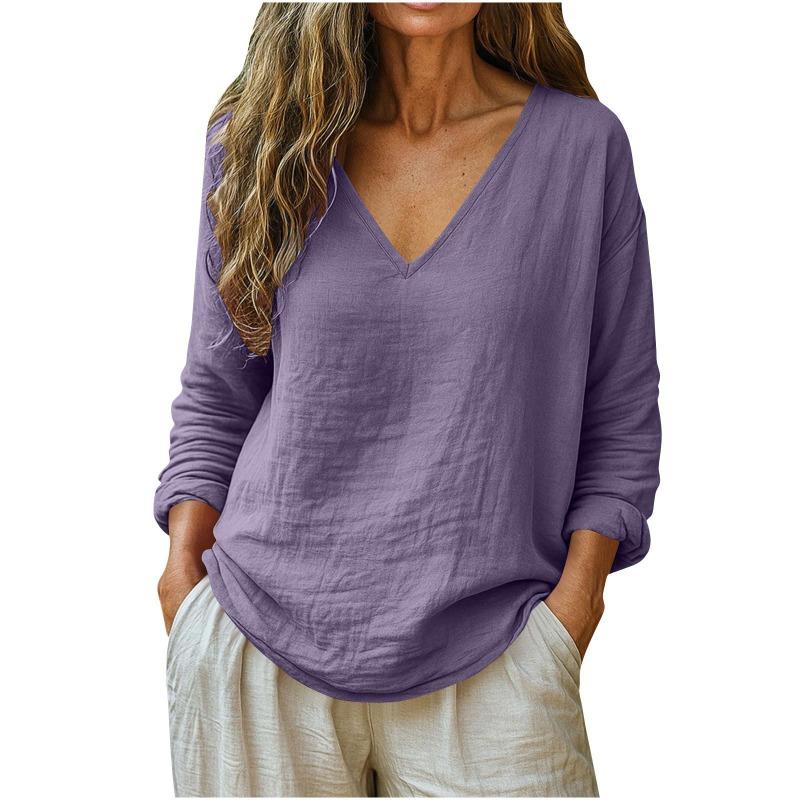 Spring and Summer New Women's Clothing Casual Loose Fashion Cotton and Linen Long-sleeved V-neck Top