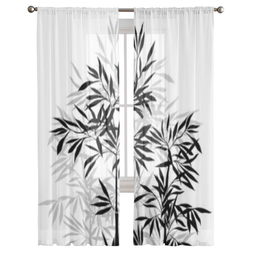 Bamboo Black White Luxurious Chiffon Sheer Curtains for Living Room Bedroom Decoration Window Voiles Tulle Curtain