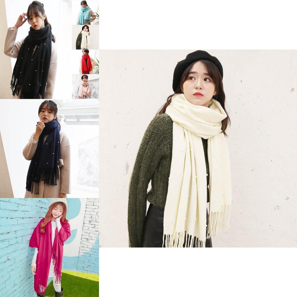 Women Elegant Knitted Solid Scarf With Pearls And Long Tassels For Winter Warmth