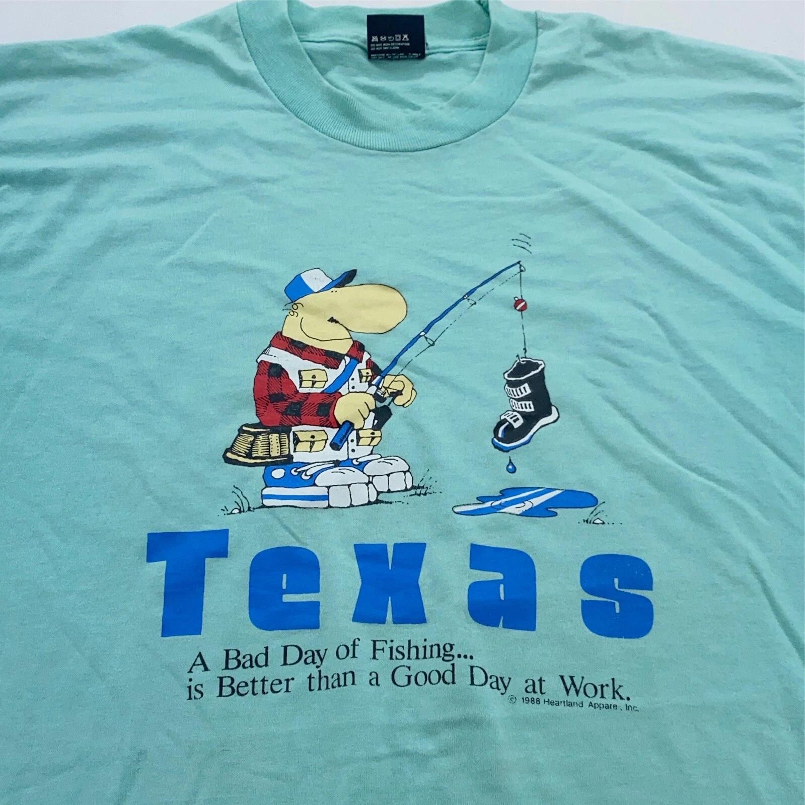 vintage 90s TEXAS BAD DAY OF FISHING BETTER THAN WORK CARTOON T-Shirt LARGE thin XL