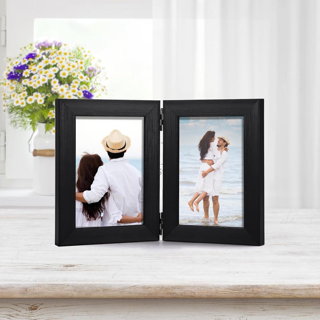 Lyeasw 3.5x5 Picture Frame Double Hinged, Classic Two Opening 3.5 by 5 Family Dual Photo Frame with Glass, Black Folding Free-Standing Vertical Frame