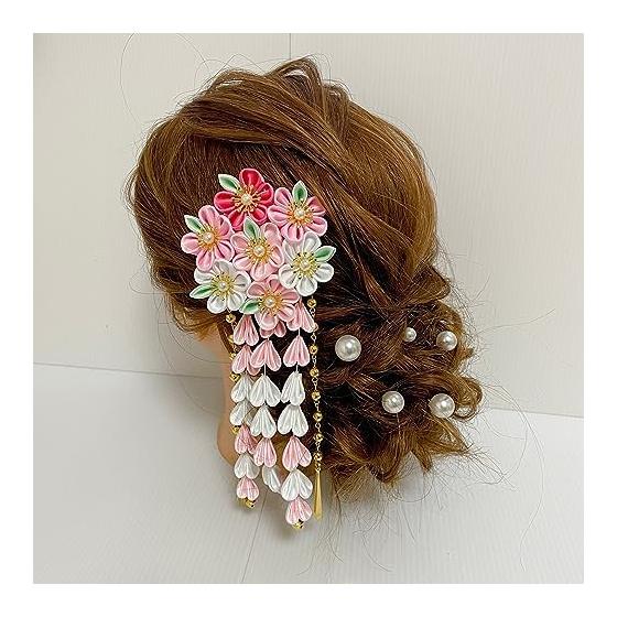 Pink Tsumami Zaiku Hair Ornaments with Pearl Pins, Japanese Traditional Hair Accessories for Shichi-Go-San, Kimono, Hakama, Head Dress, Hair