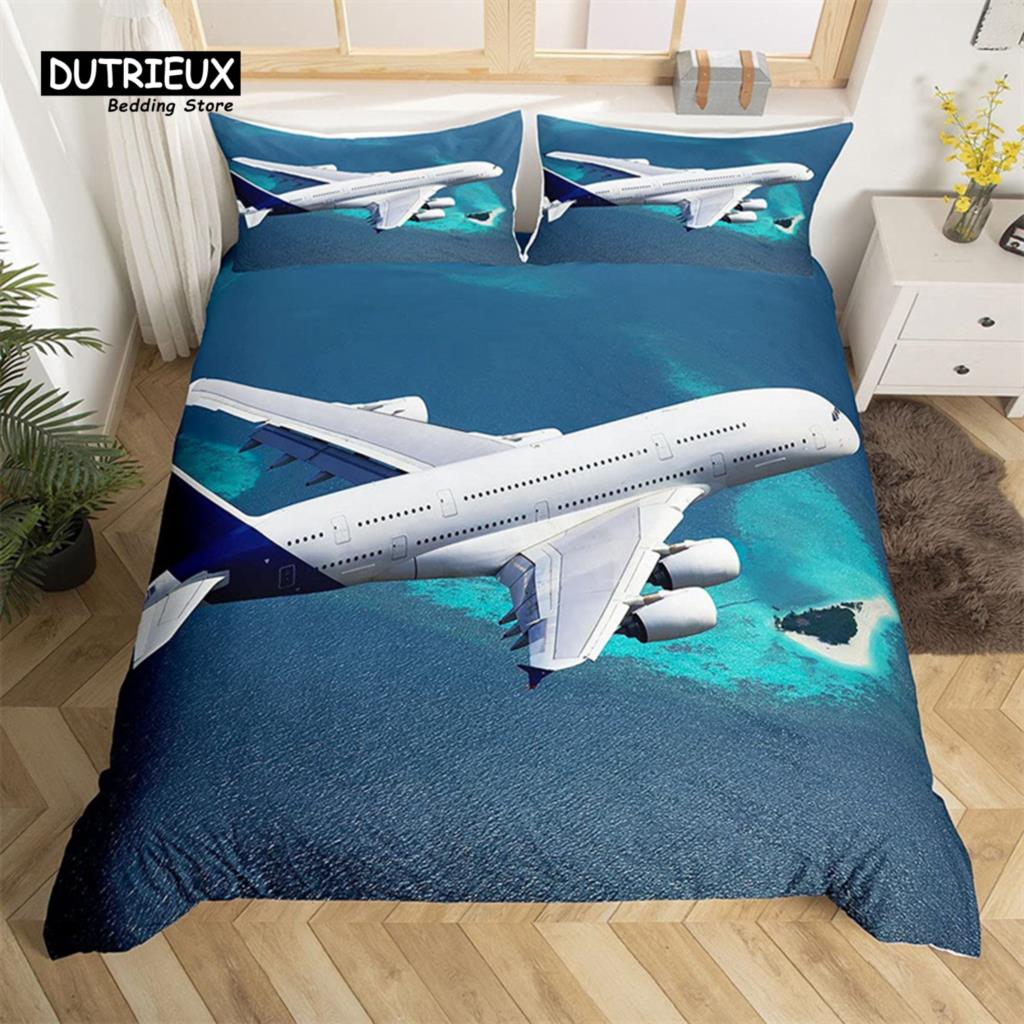 Classic Modern King 3D Airplane Aircraft Transportation Polyester Globe Helicopter Decor Comforter Quilt