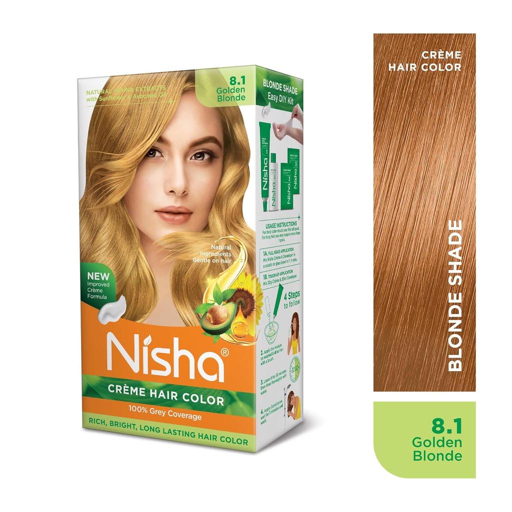 Nisha Crema Colorante per Capelli Biondo Dorato 8.1 Colore Permanente Con Copertura dei Capelli Bianchi Ultra Morbida Lucentezza Profonda Per Donne Uomini 120 g
