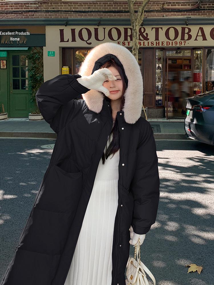Women's Knee-Length Down Jacket with Large Fur Collar - Loose, Thick, Winter Coat 2026