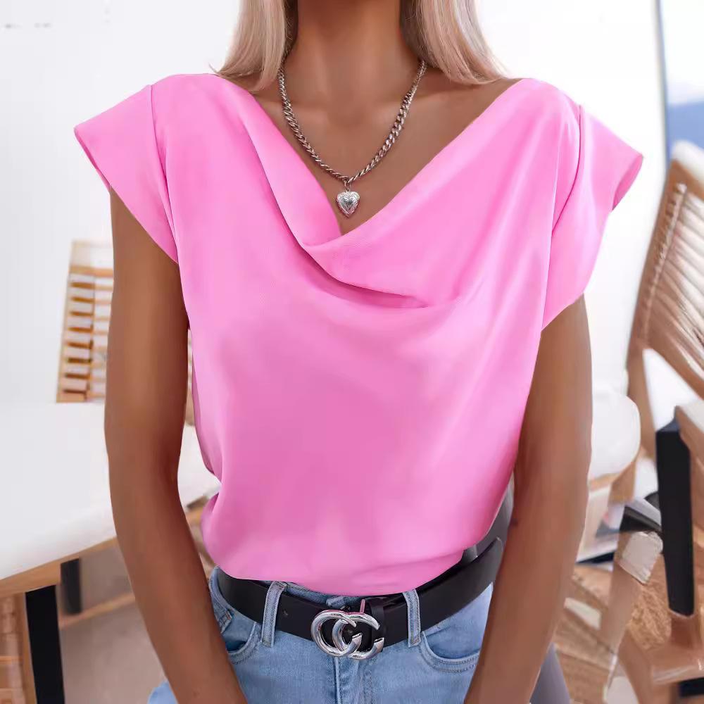 BITCED Summer Solid Colour Simple Short Sleeve Swing Collar Ladies Shirt Top Women