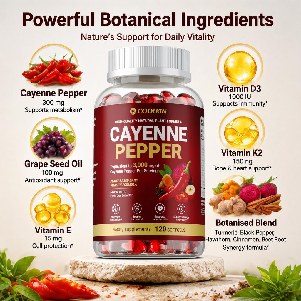 Coolkin Cayenne Pepper Softgels 120 Count — Plant-Based Formula, Daily Wellness, Antioxidant Support